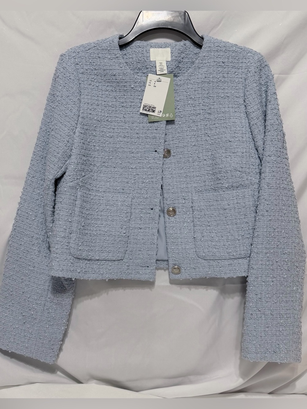 NWT SZ S H&M Light Blue Bouclé Cropped Blazer
